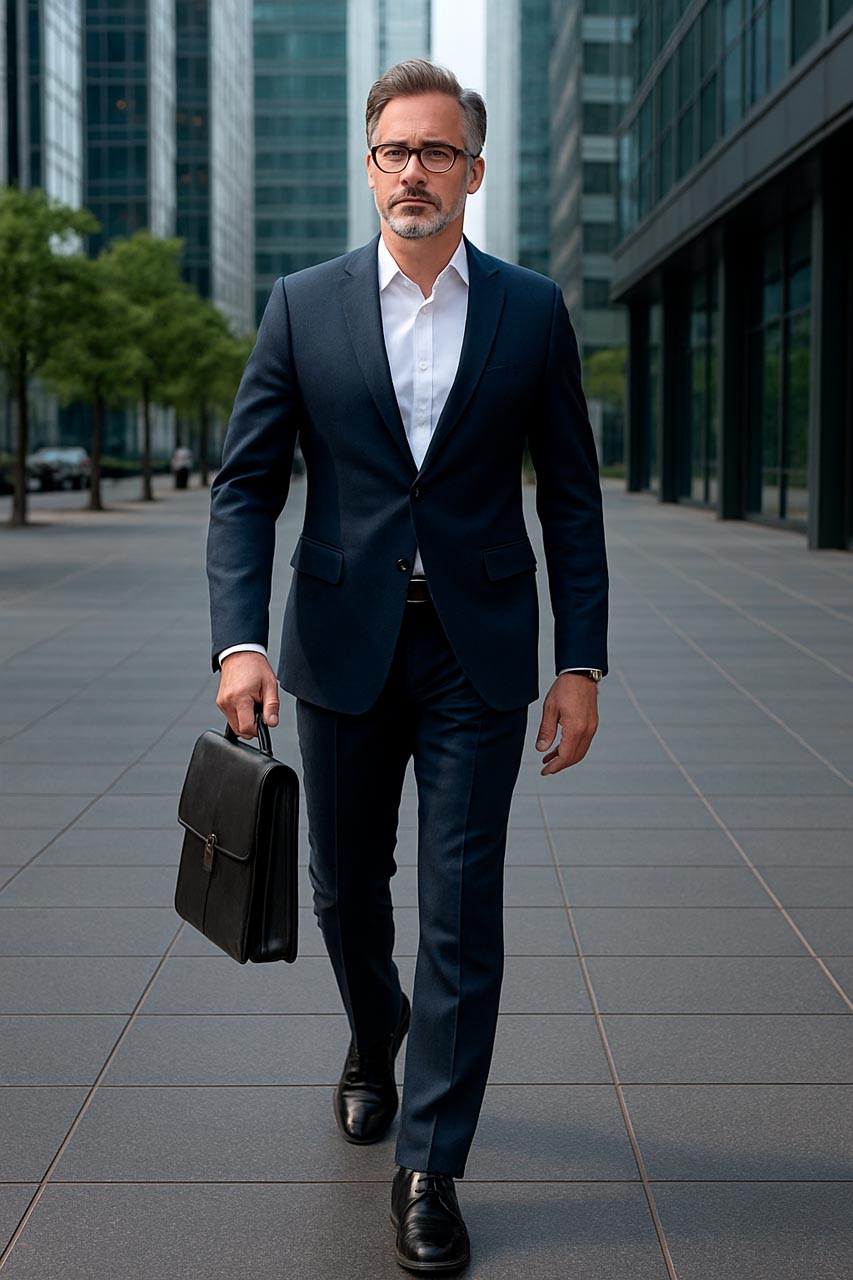 Fotografía de un ejecutivo caminando con decisión por una zona financiera con arquitectura contemporánea.